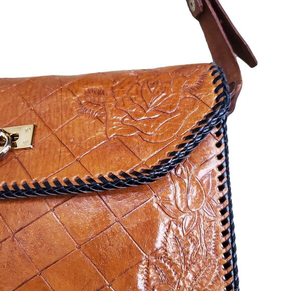 Vintage Crossbody Purse Handbag Brown Leather Tooled Whipstitch Gold Closure - Picture 13 of 15